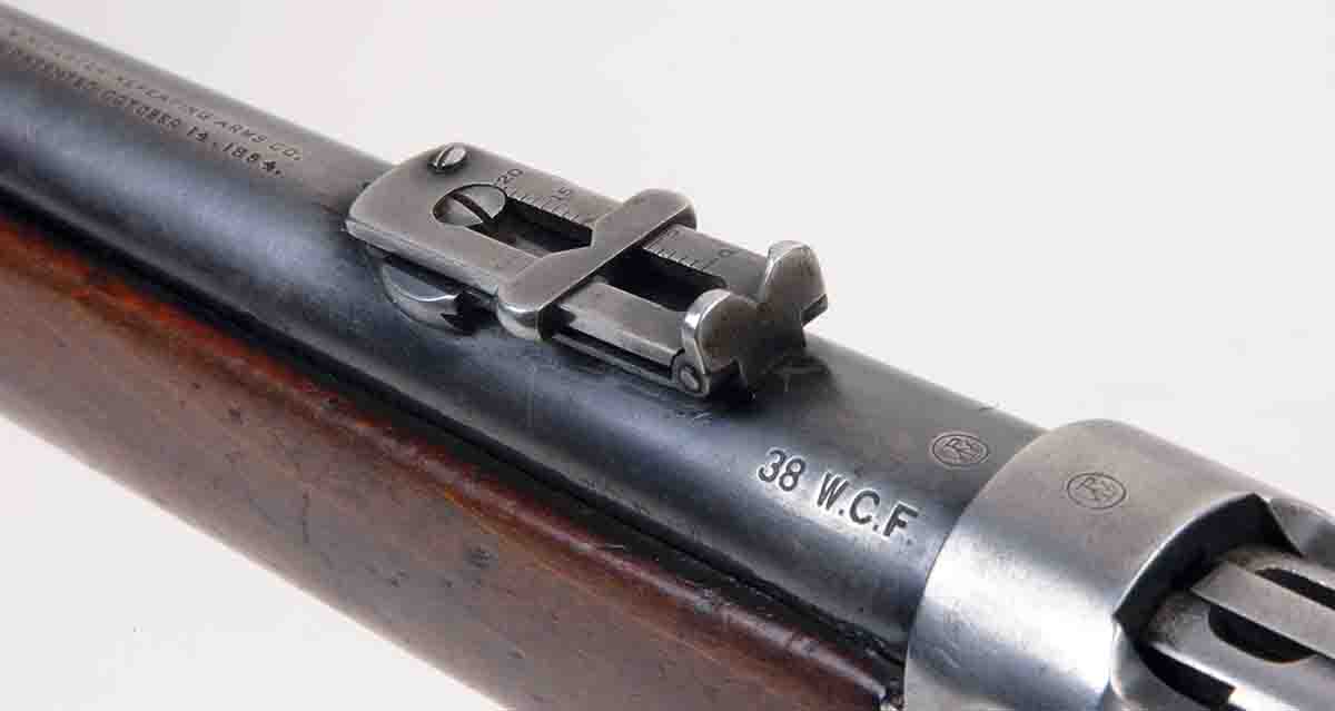 This shows the type of rear sights Winchester Model 1892 Saddle Ring Carbines were fitted with. Also, note the .38 WCF caliber stamp.